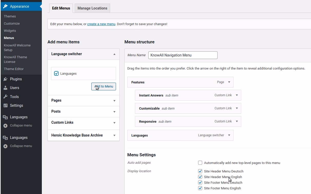 Adding a language switcher to the menu