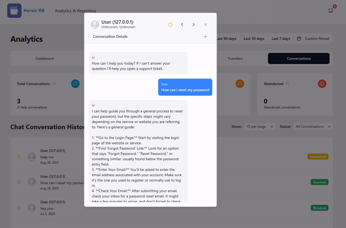 The analytics conversation details card