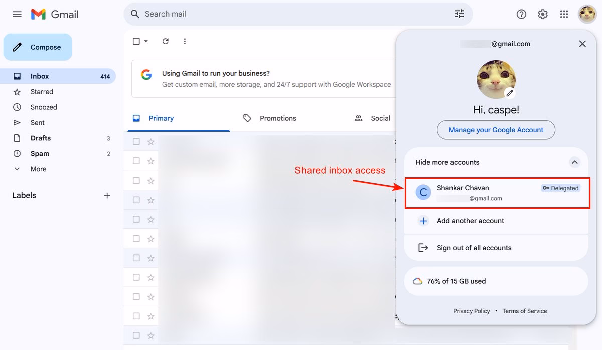 Accessing delegated account in gmail