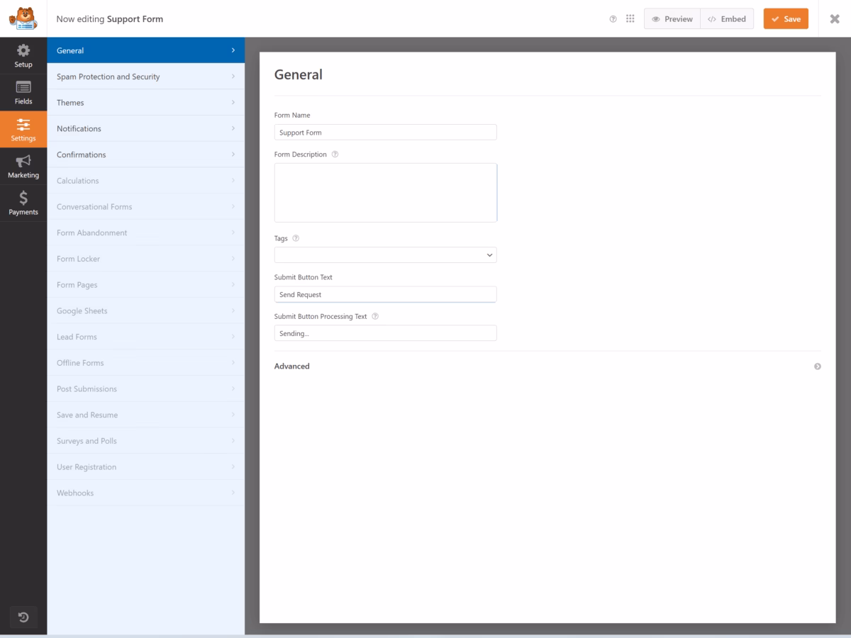 Configuring support ticket form settings