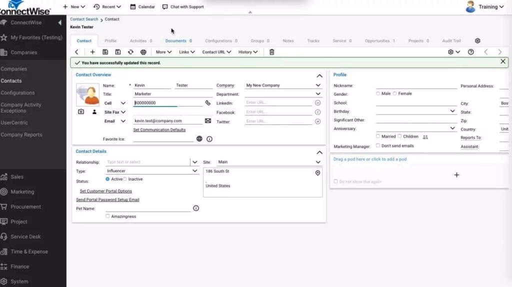 Contacts in connectwise it support software