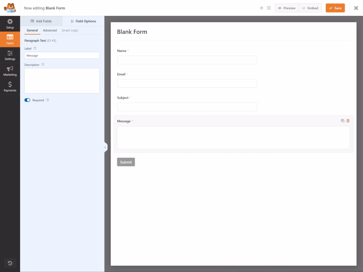 Creating blank form with wpforms