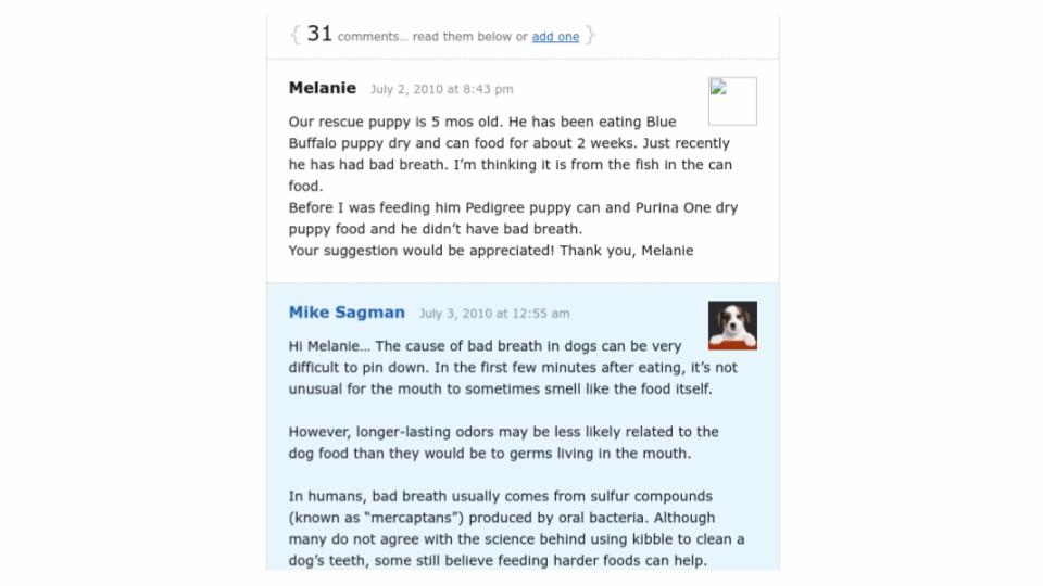 Dog food review site comments
