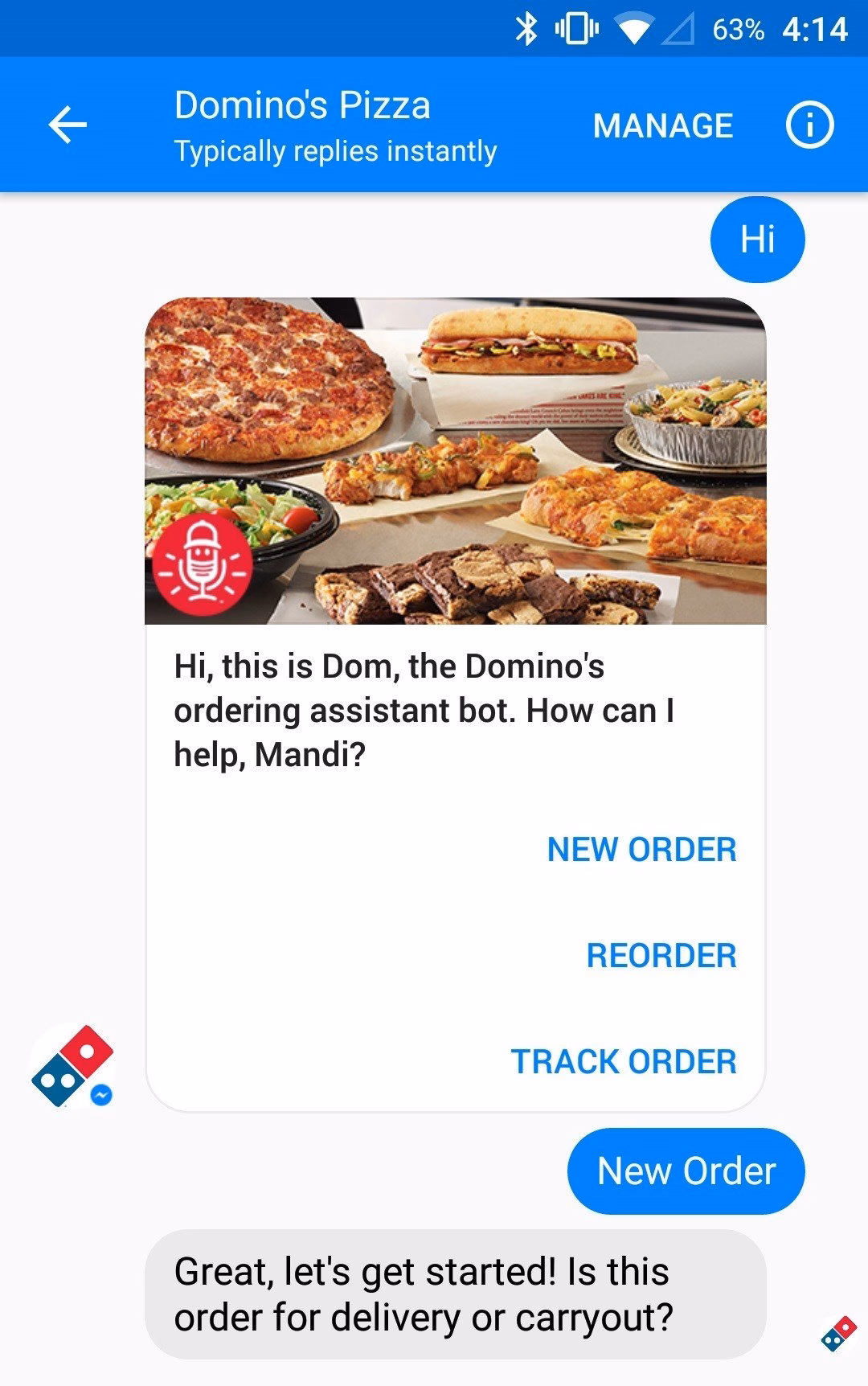 Dominos dom ai chatbot example for restaurants