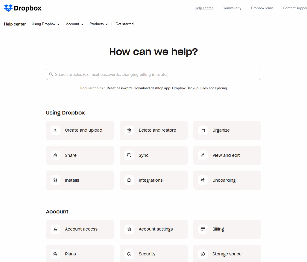 Dropbox help center example