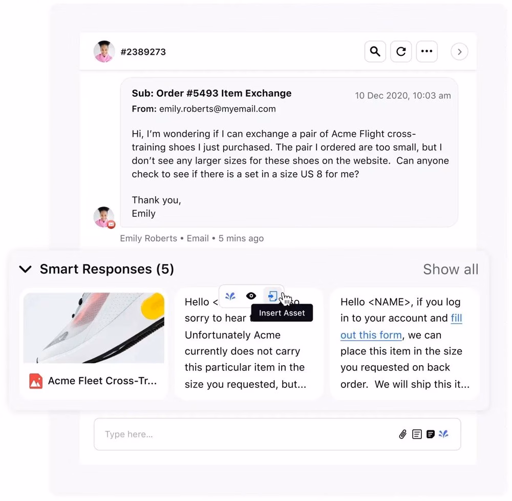 Email support example with templates or automated suggestions for email replies