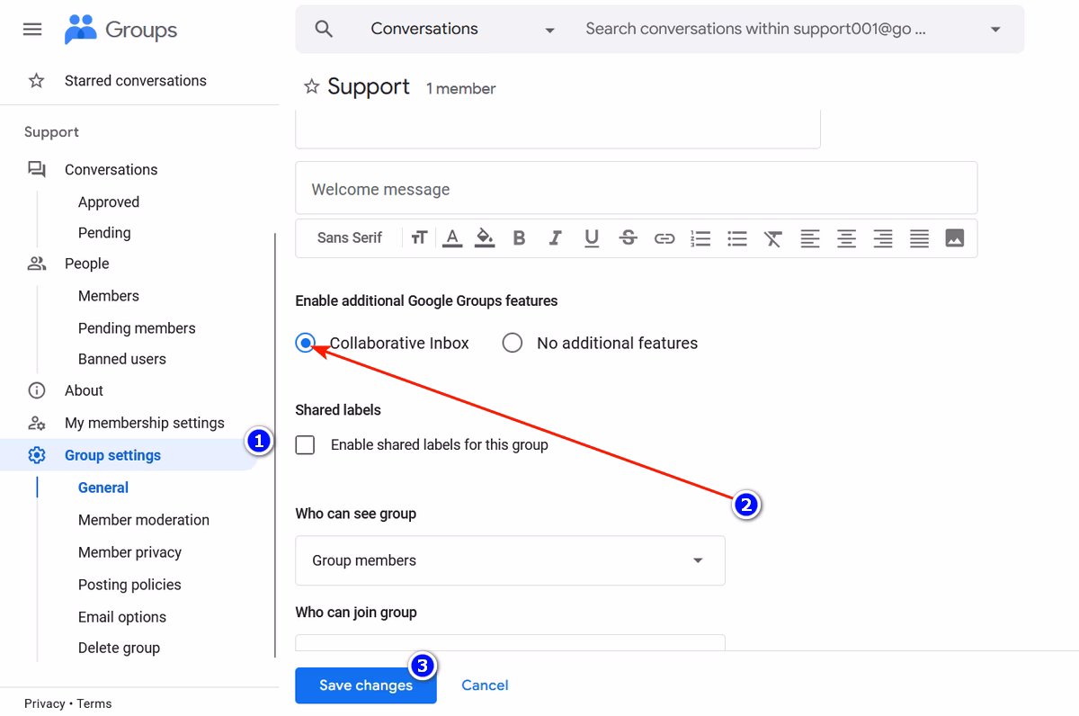Enabling collaborative inbox in google groups
