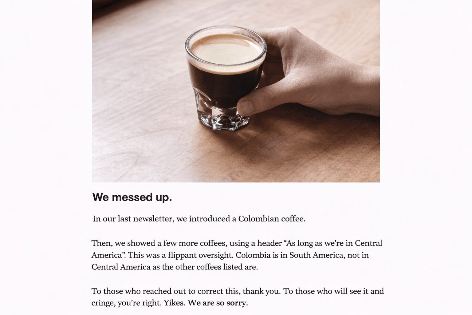 Example of a correction email from methodical coffee