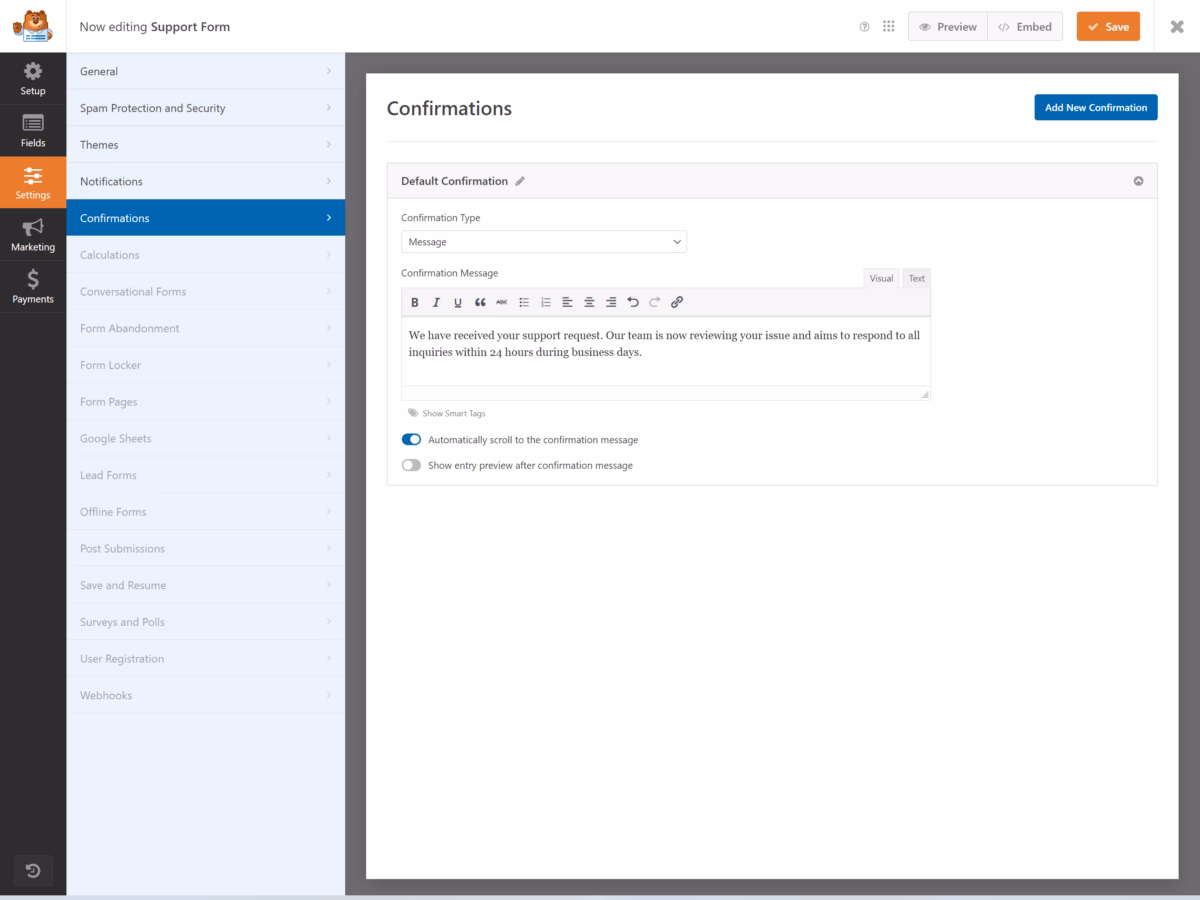 Form confirmation settings