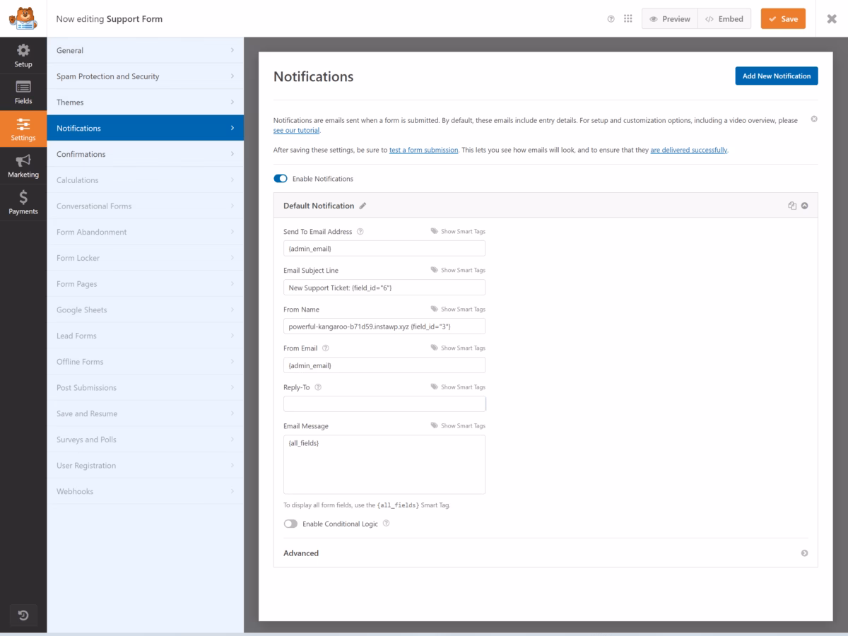 Form notification settings