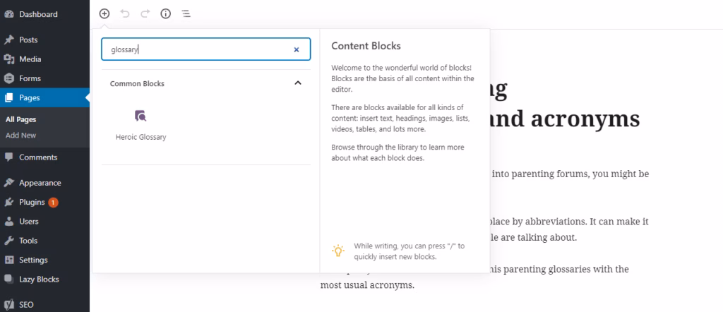 Heroic glossary block