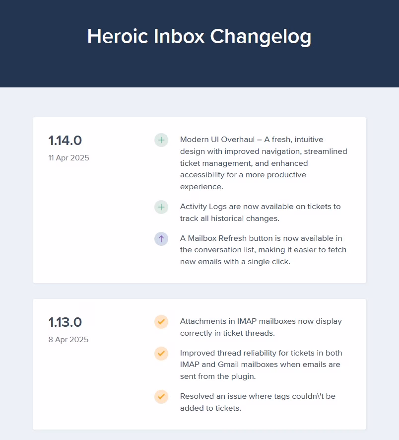 Heroic inbox changelog article example