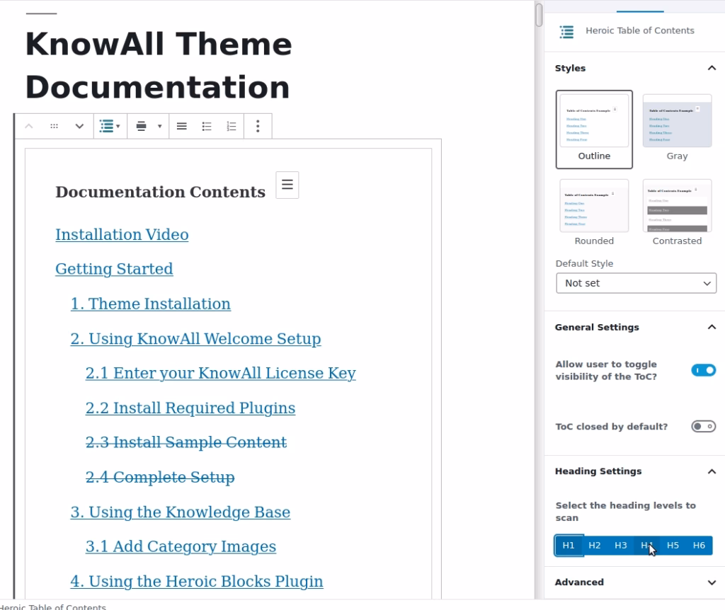 Heroic table of contents wordpress block