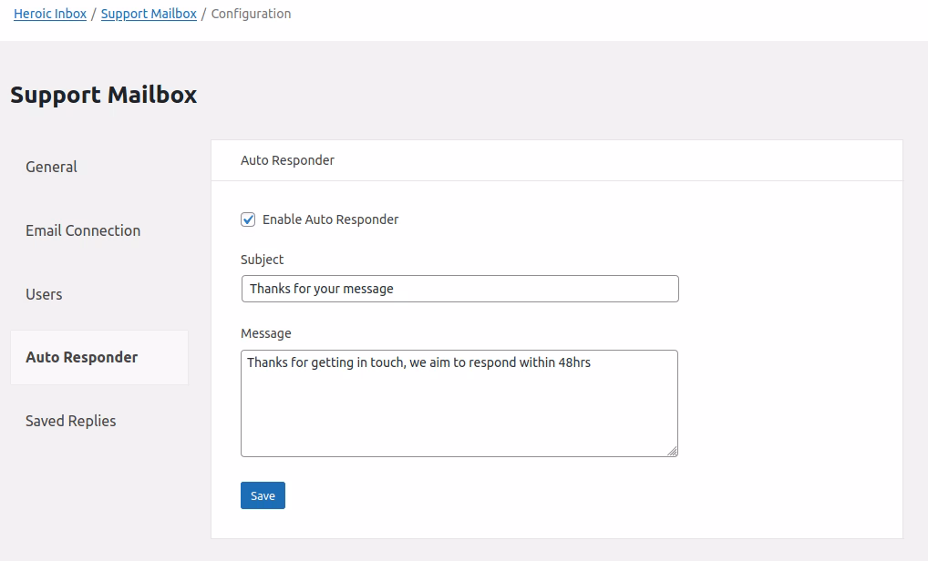 Mailbox auto responder settings