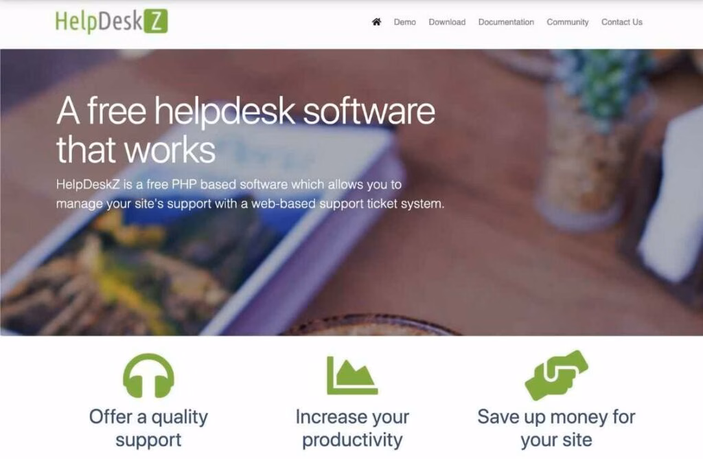Homepage of helpdeskz help desk ticketing software
