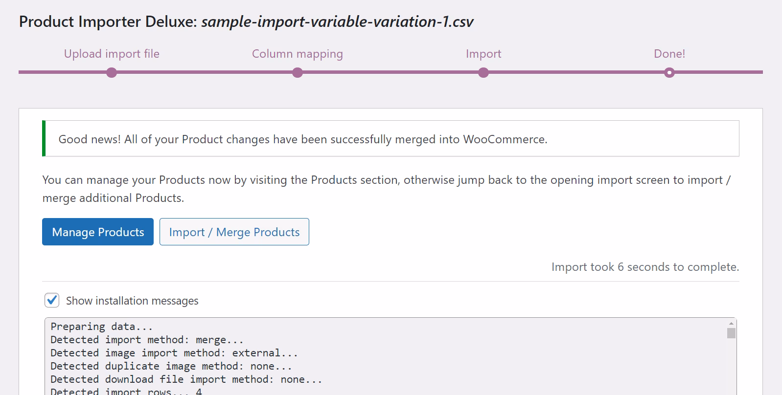 Import successful message