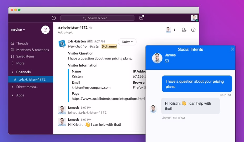 Live chat customer support with slack