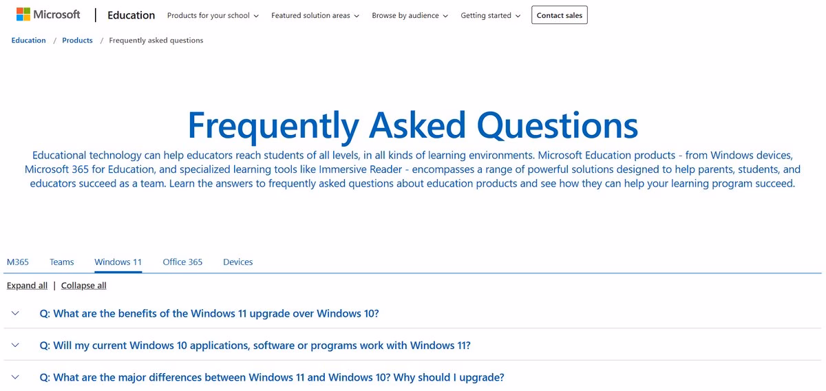 Exemple de page FAQ de Microsoft
