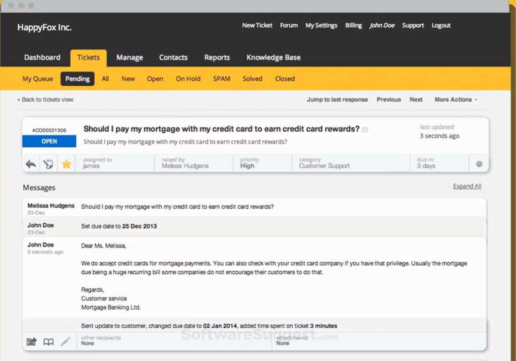 Pending tickets tab of happyfox customer service platform