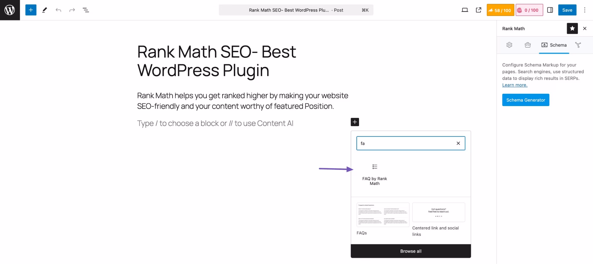 Rank math seo faq block addition