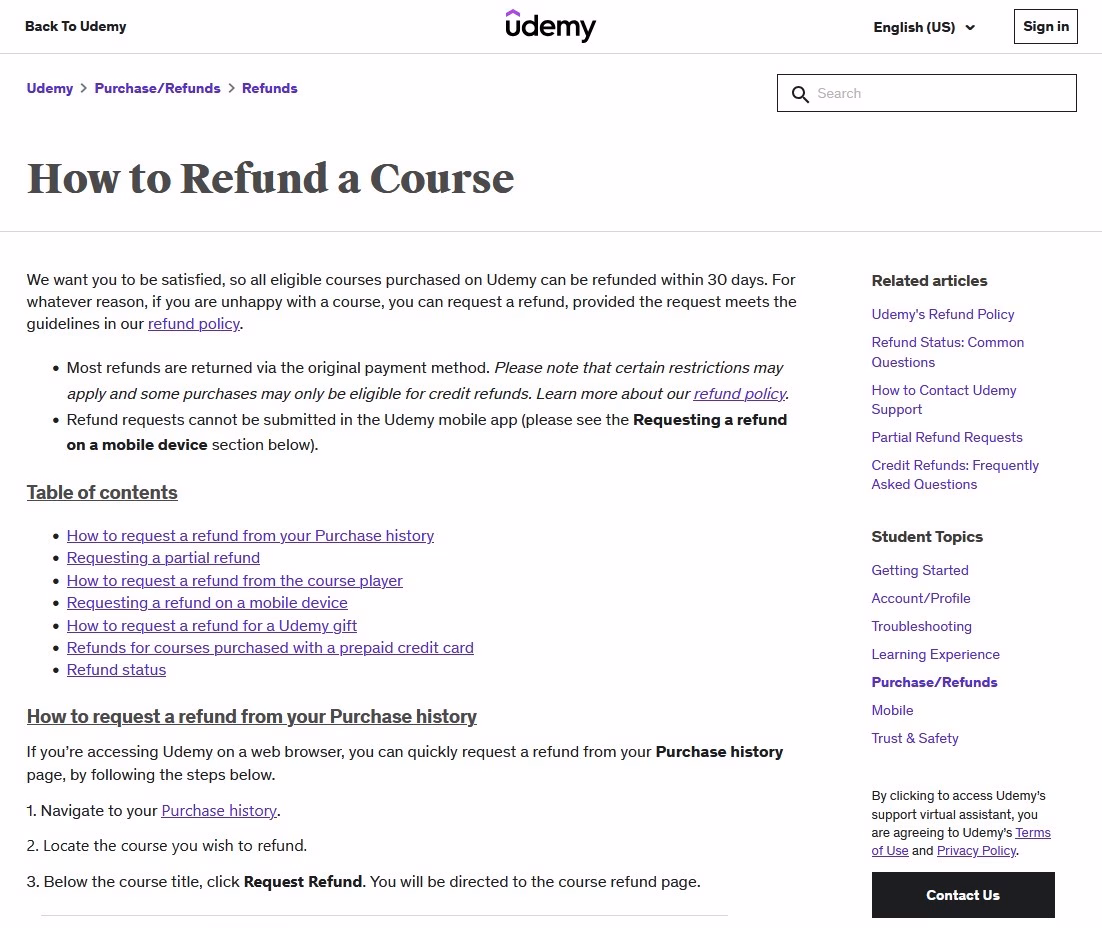 Refund a course guide by udemy