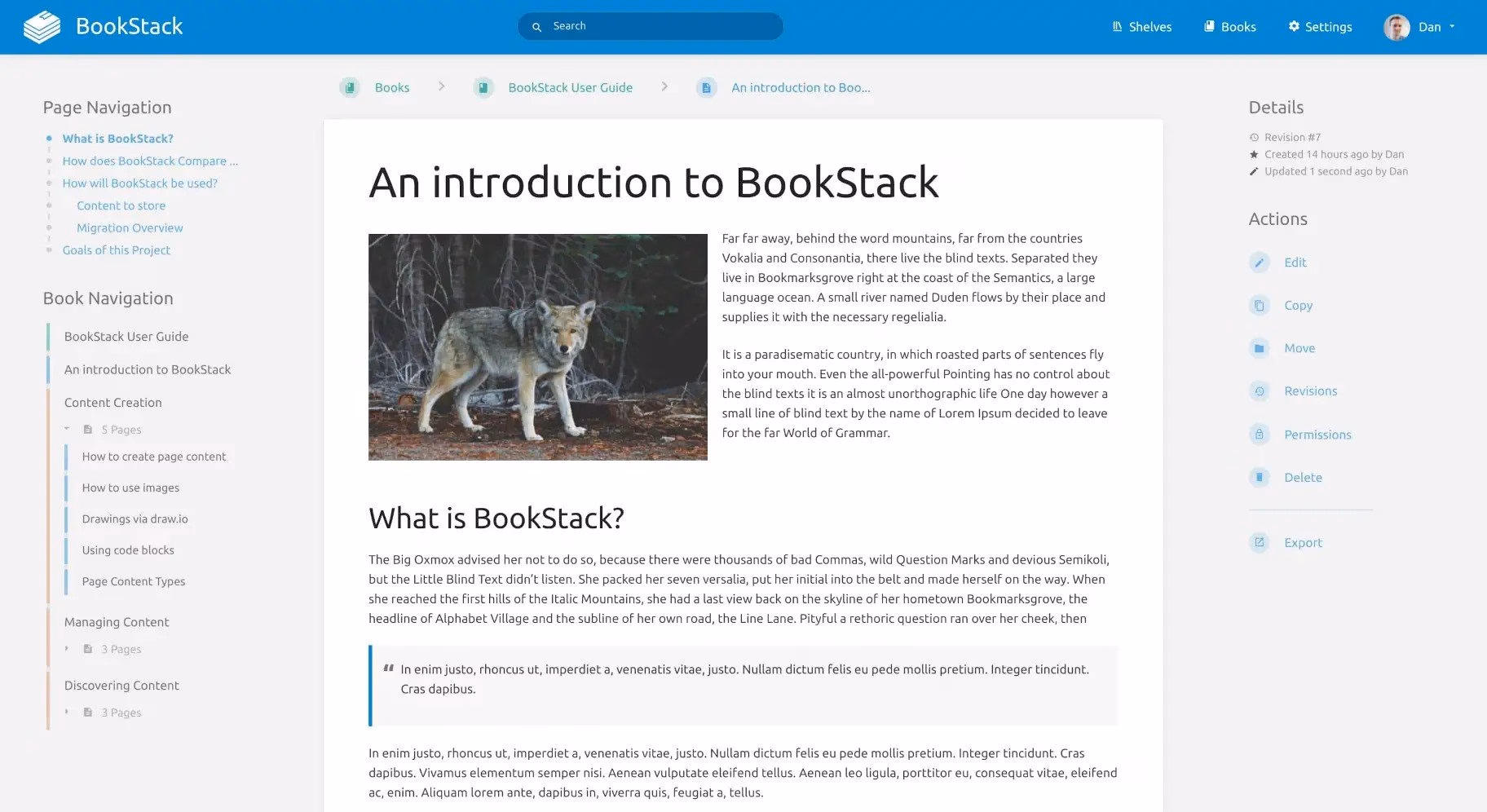 Screenshot of bookstack interface