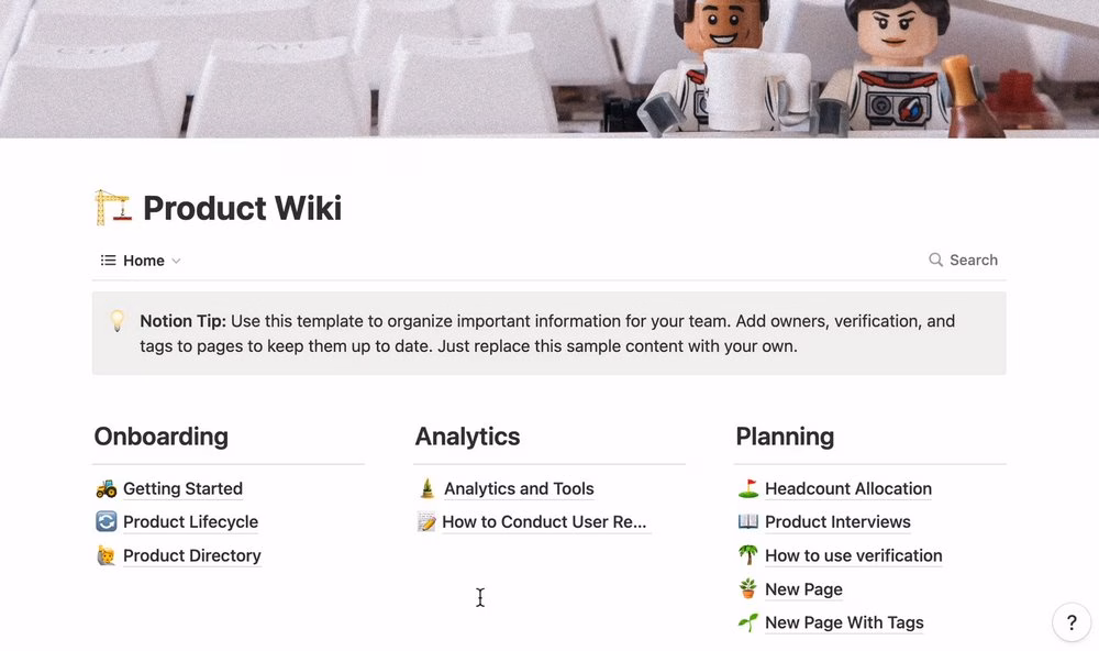 Screenshot of notion showing product wiki