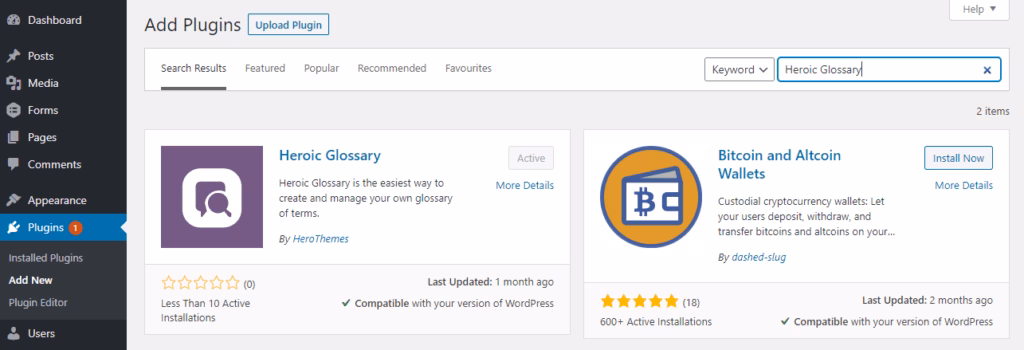 Search for heroic glossary plugin