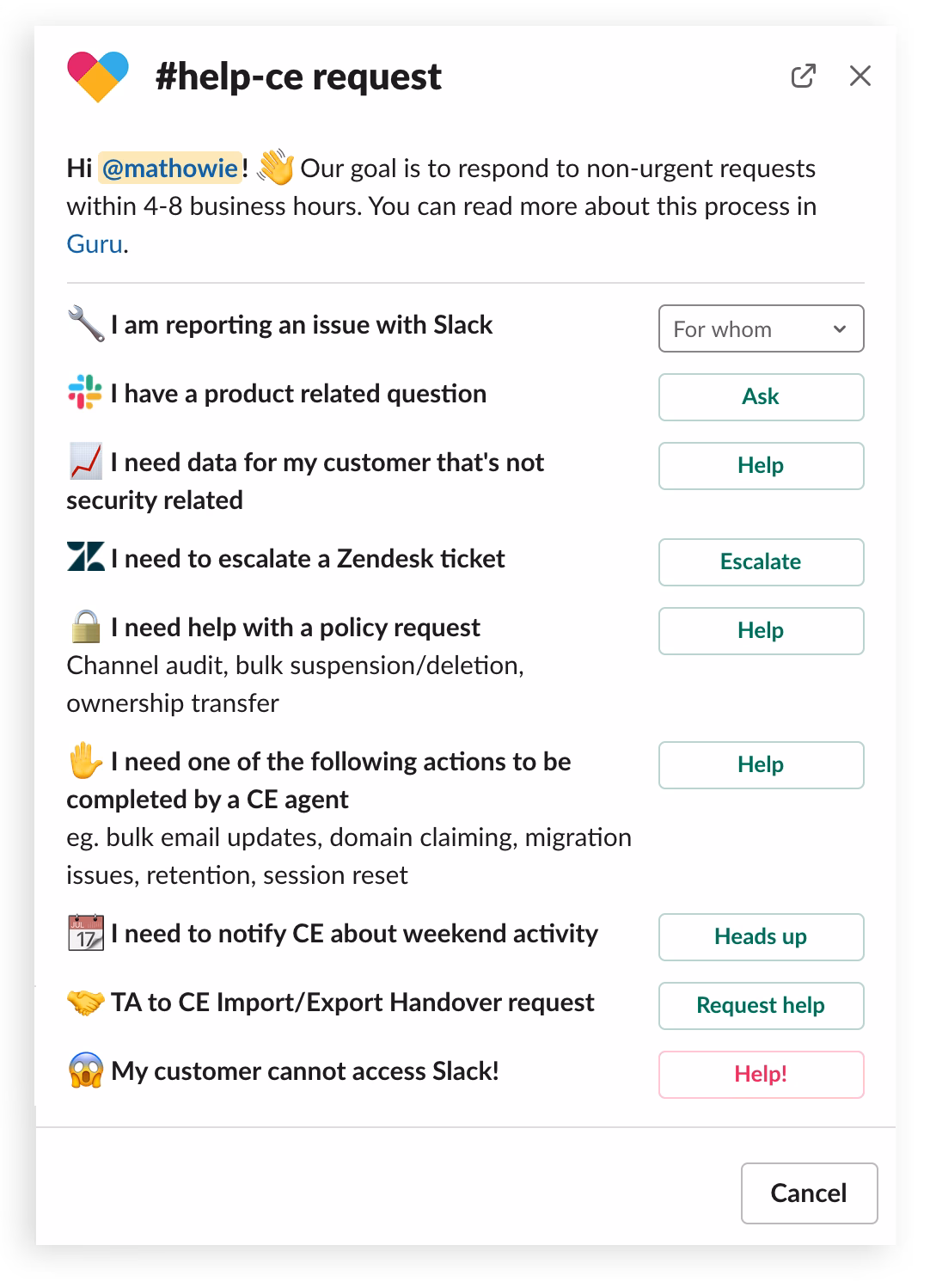 Slack internal team support channel example