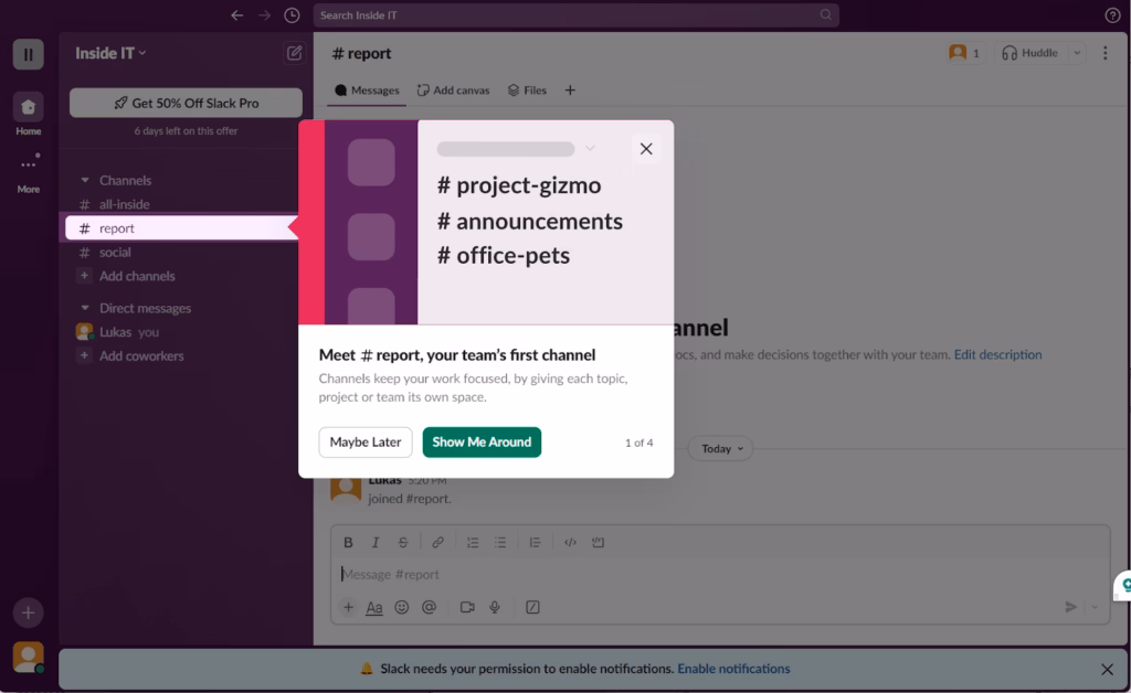 Slack's Interactive Product Tour example