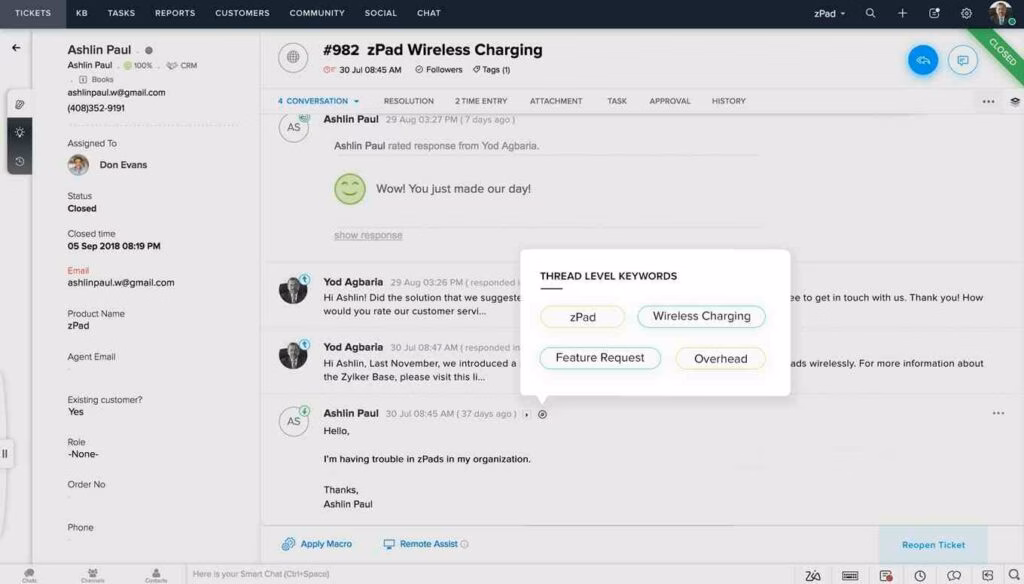 Ticket conversation in zoho desks help desk software