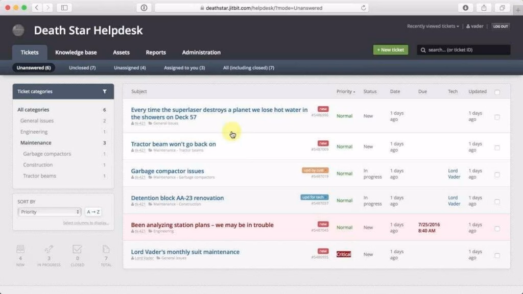 Unanswered ticket section in a help desk made with jitbit