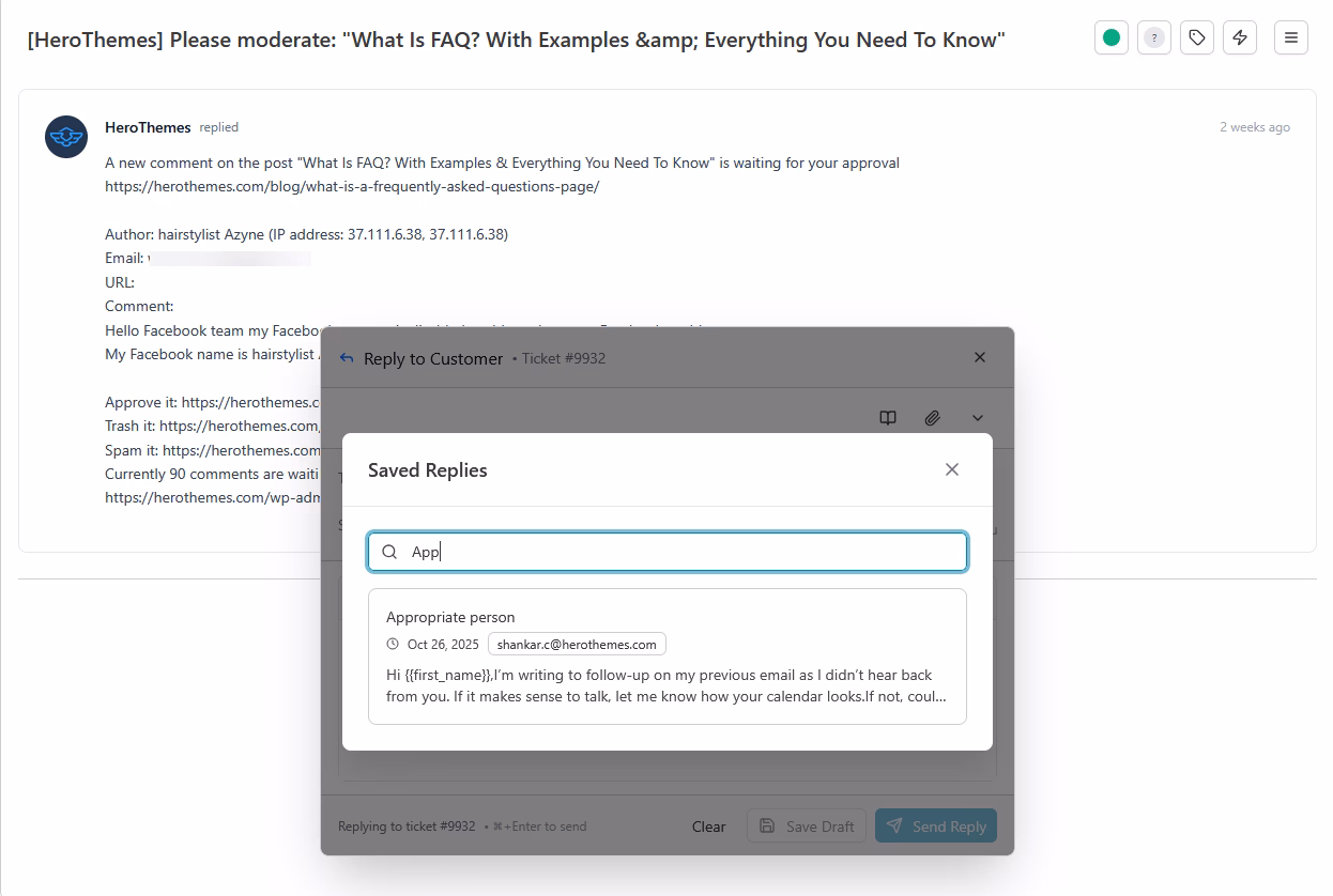 Usingsavedreplieswithheroicinbox herothemes Using saved replies with heroic inbox