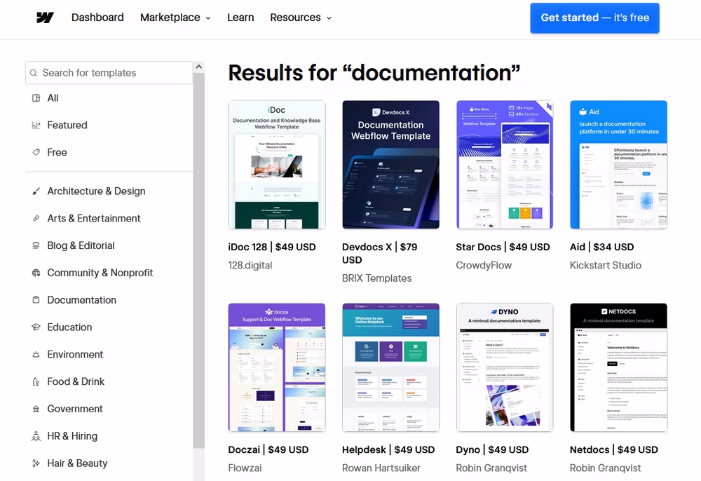 Webflow documentation templates