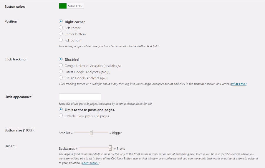 Call now button plugin advanced settings