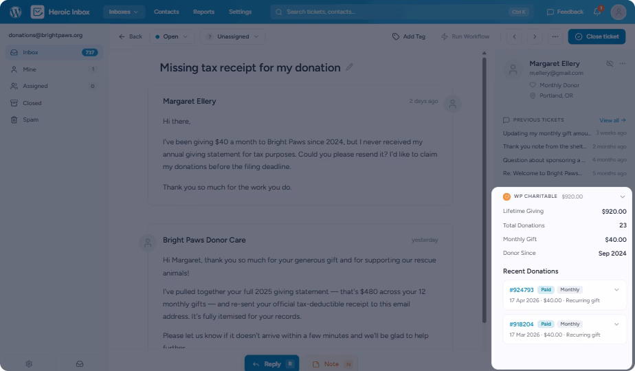 Screenshot of an email thread titled missing tax receipt for my donation in a support inbox with a donation summary panel on the right