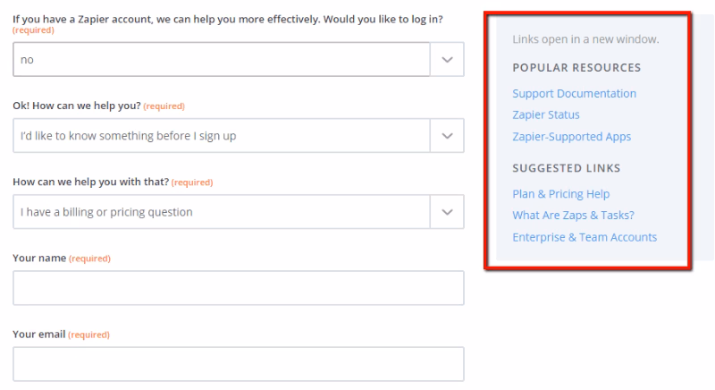 Zapier contact page example
