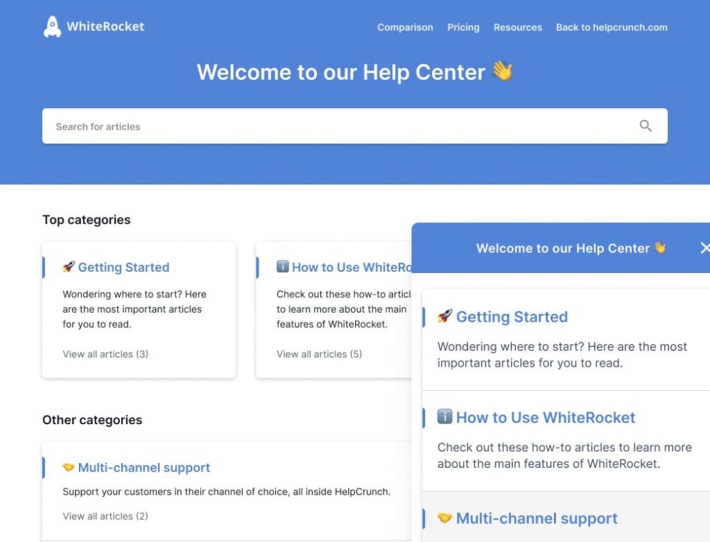 A demo of the helpcrunch knowledge base