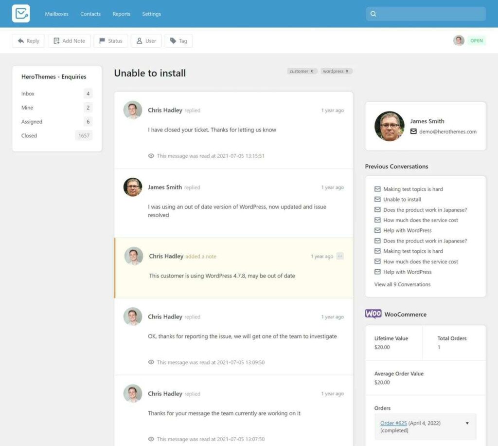 Ticket interface of a help desk support
