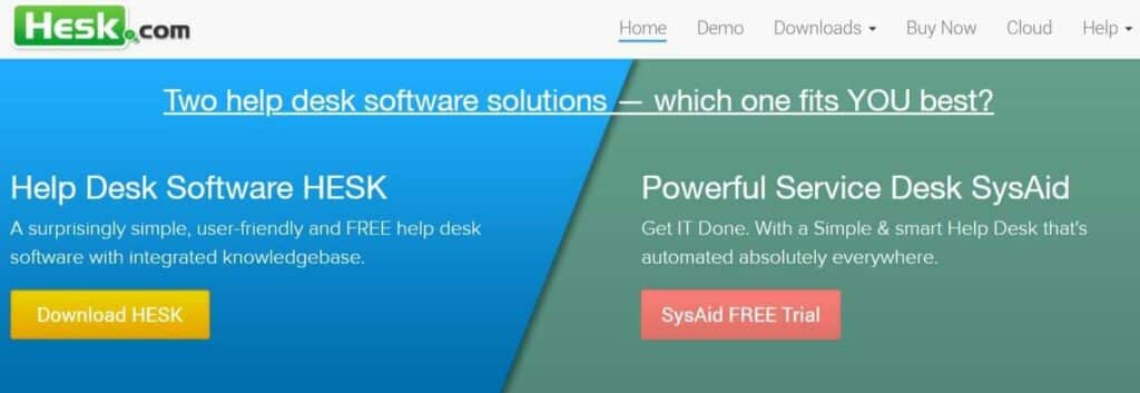 Homepage of hesk help desk softwares website