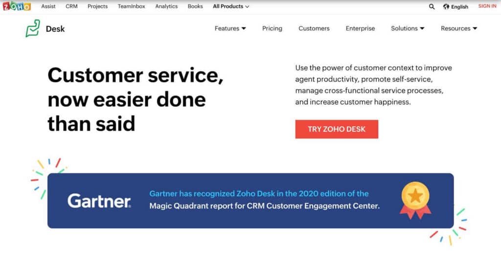 Homepage of zoho desk   a great solution for small businesses