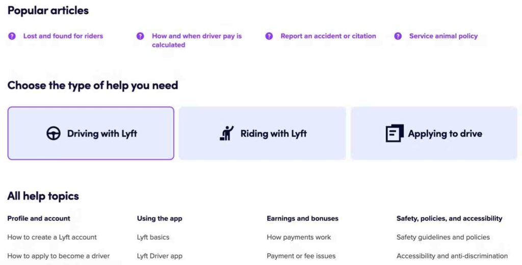 Lyfts help page interface