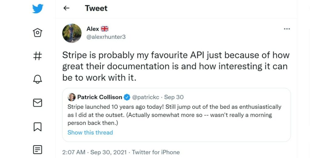 A tweet highlighting the stripe product documentation