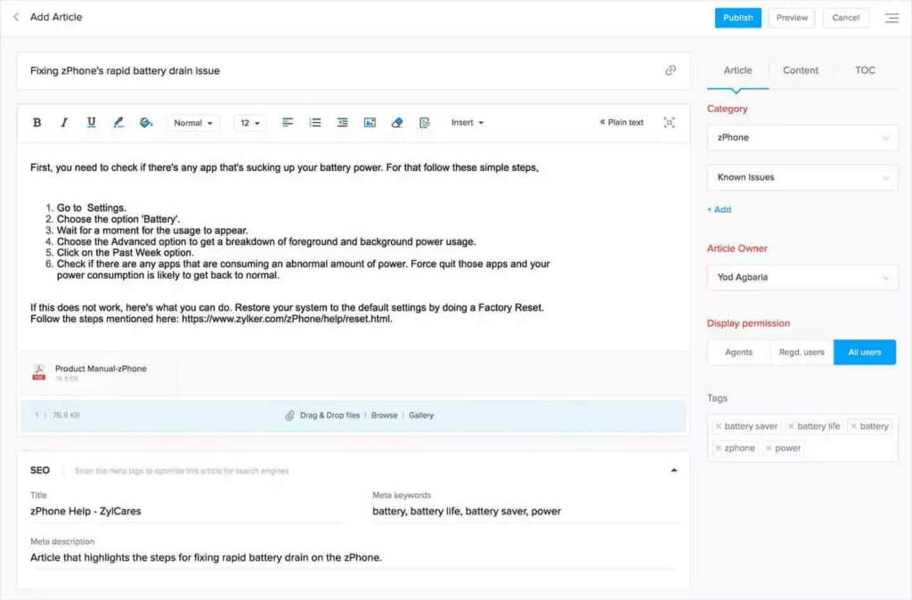 A knowledge base example built with zoho desk