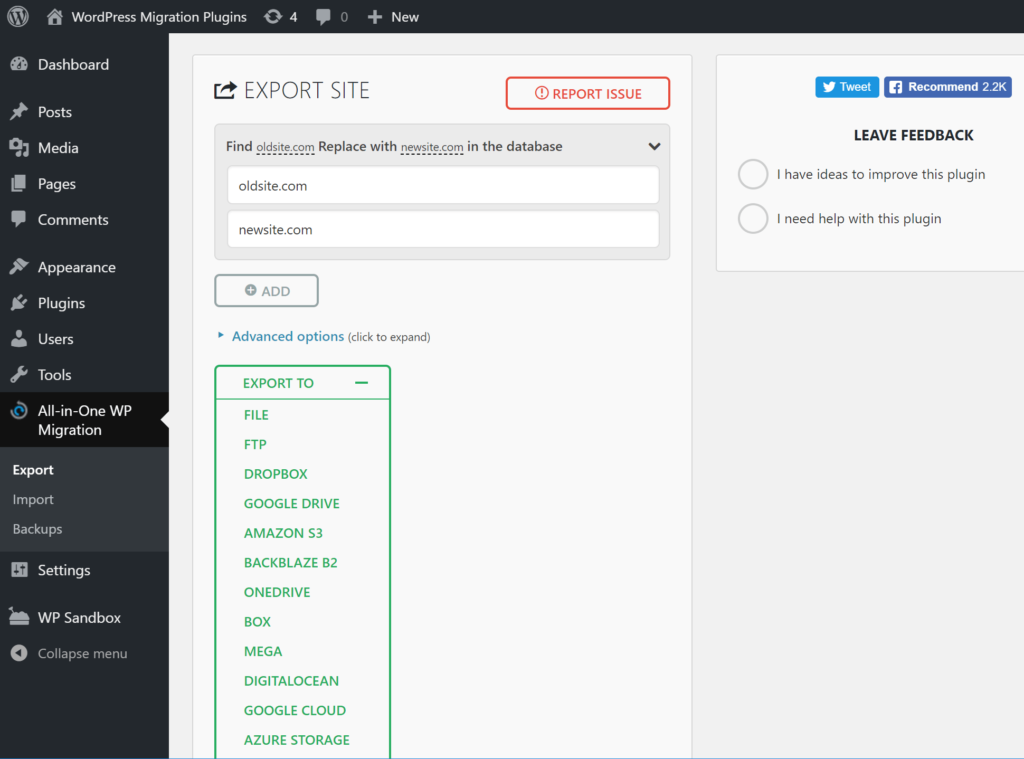 All in one wp migration export site feature