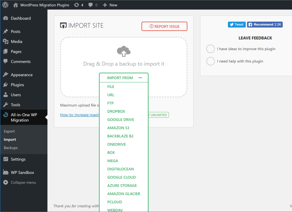 All in one wp migration import site feature
