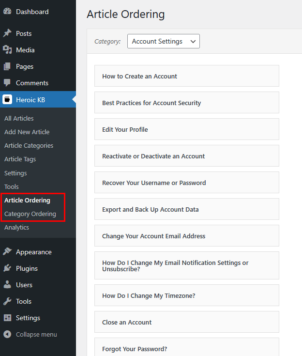 Article ordering feature in heroic kb