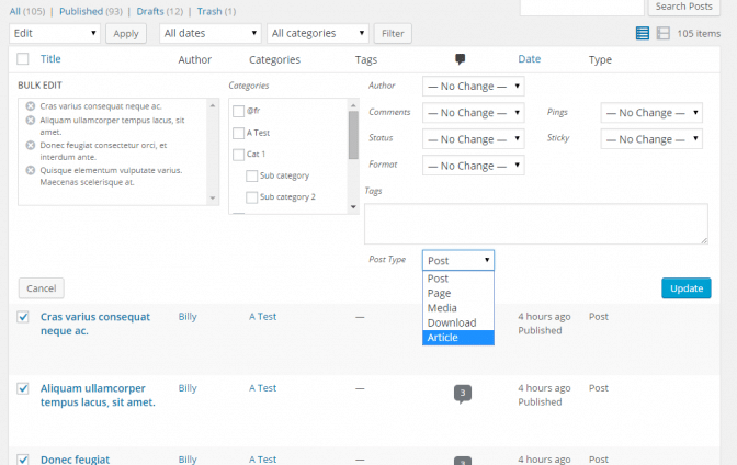 Change article post type bulk