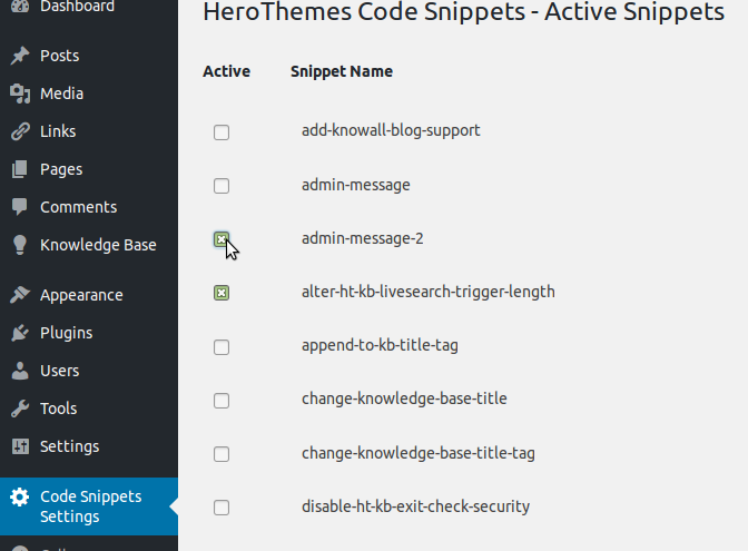 Code snippets settings