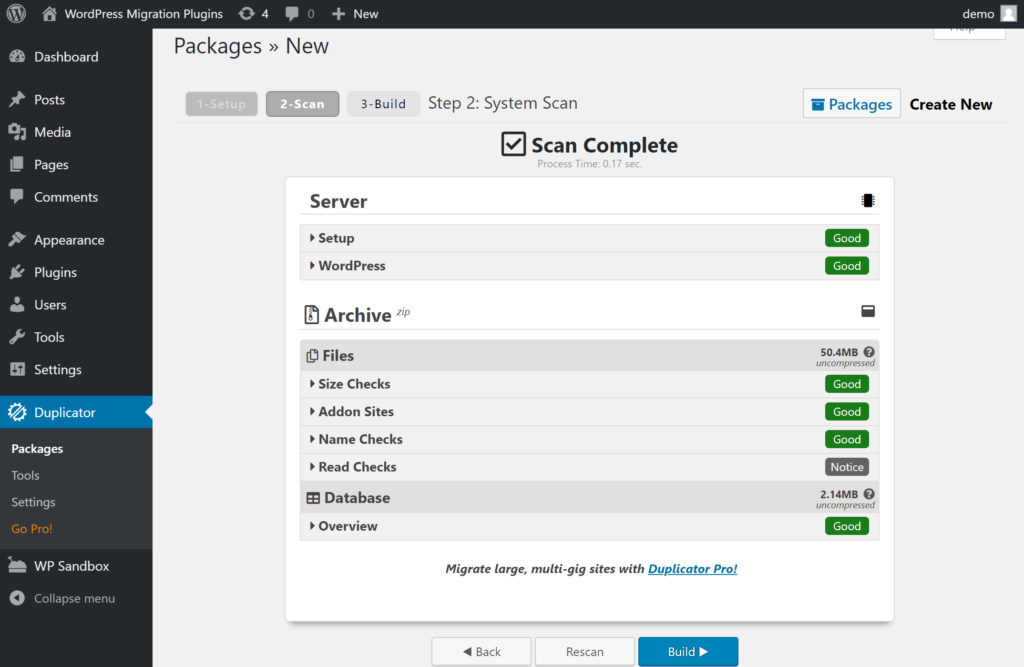 Create wordpress migration package with duplicator